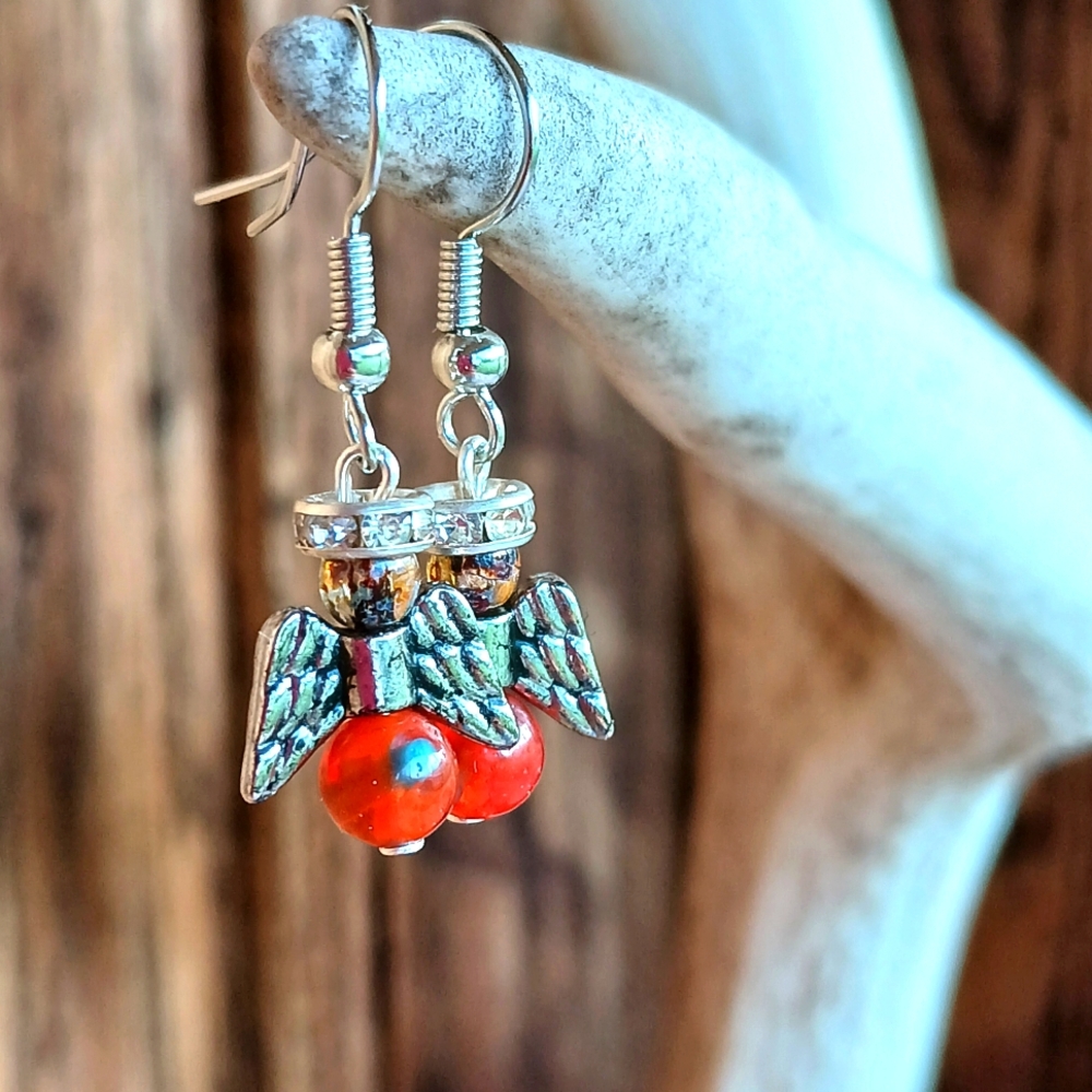 Handmade Rust Orange Glass Beads Mini Angel Earrings with Rhinestone Halo